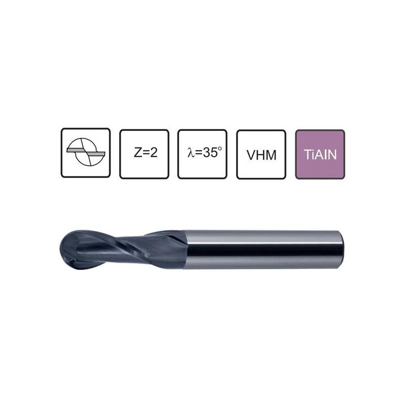 Carbide end mill round nose 2 R-1 Z-2 VHM 45 HRC